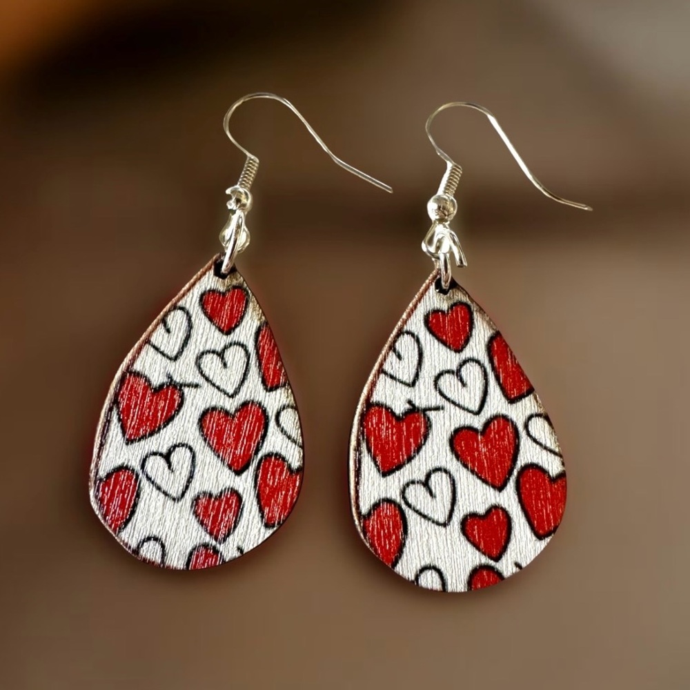 ⭐️ 5 for $25 Wooden Heart Design Teardrop Red & White Earrings